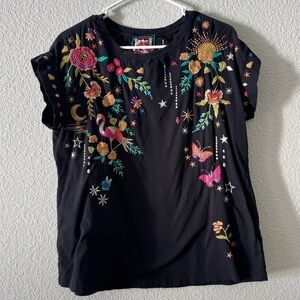 Johnny Was Black Embroidered Tee
